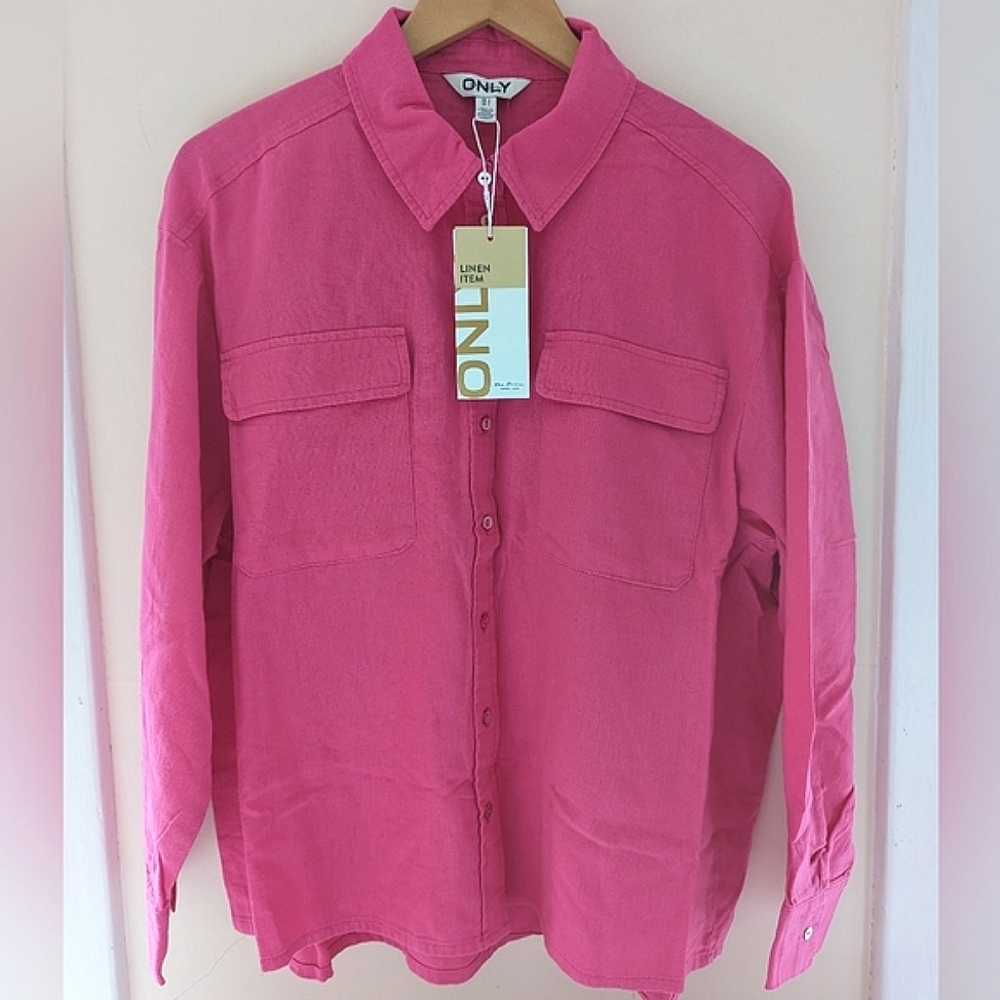 Dark Pink Linen Blend Utility Long Sleeve Shirt Button Down Collared Large